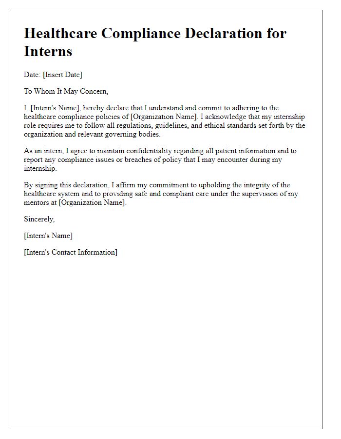 Letter template of healthcare compliance declaration for interns