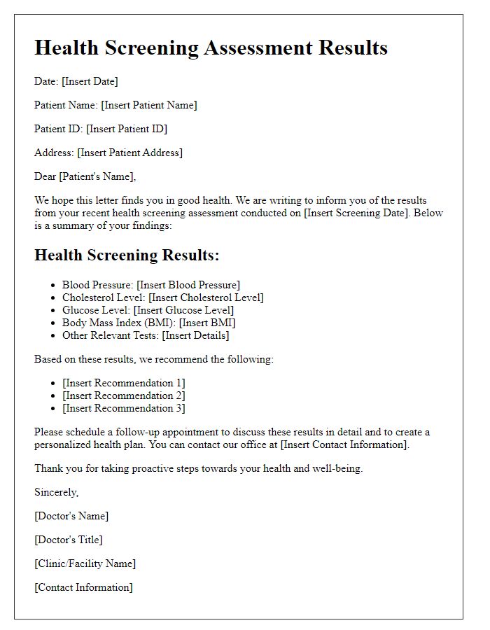 Letter template of health screening assessment for patients