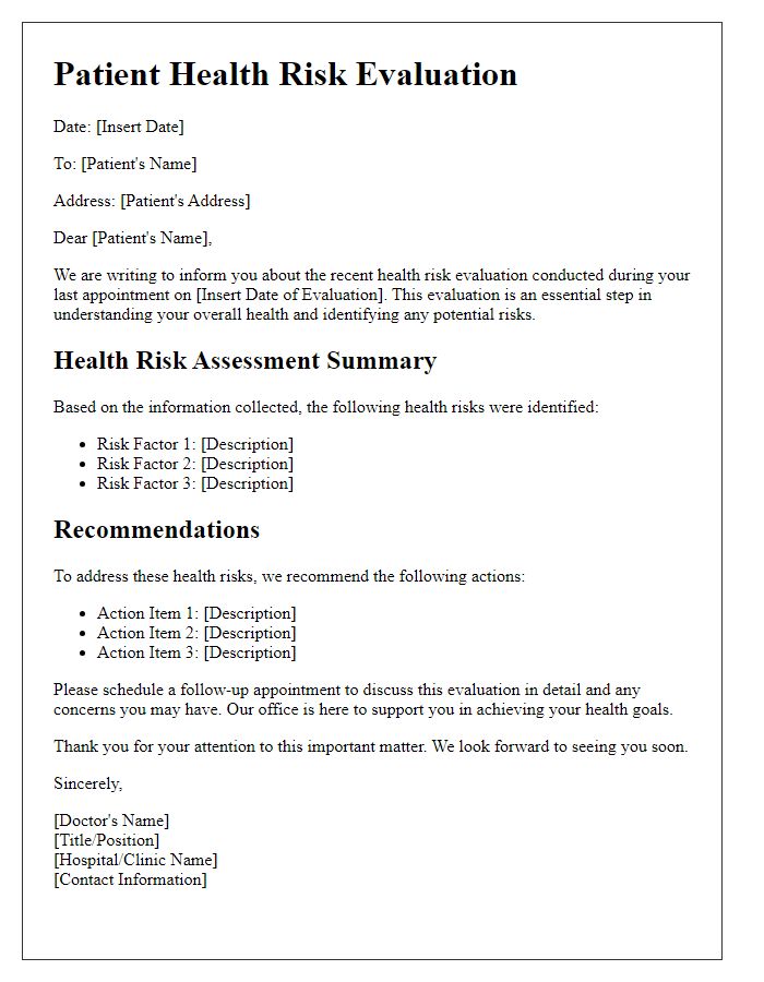 Letter template of patient health risk evaluation