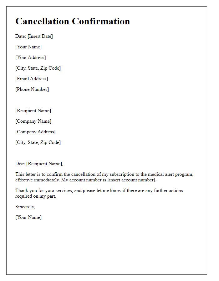 Letter template of cancellation confirmation for medical alert program