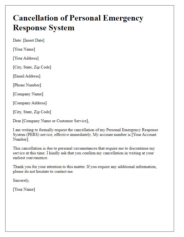 Letter template of cancellation for personal emergency response system