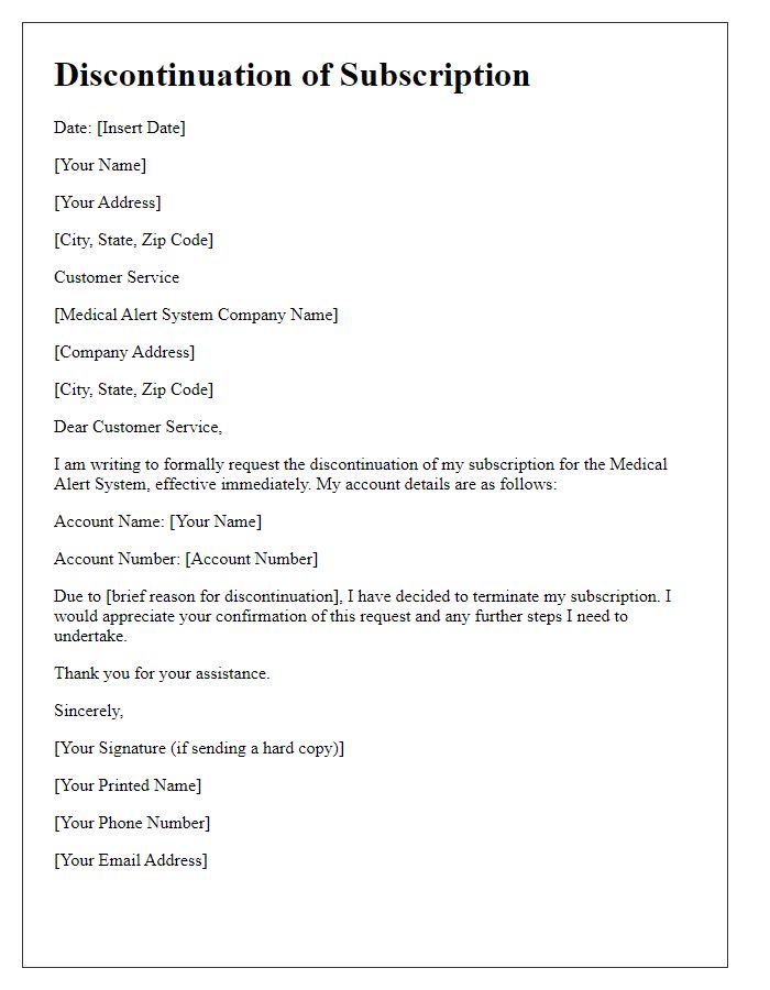 Letter template of discontinuation of medical alert system subscription