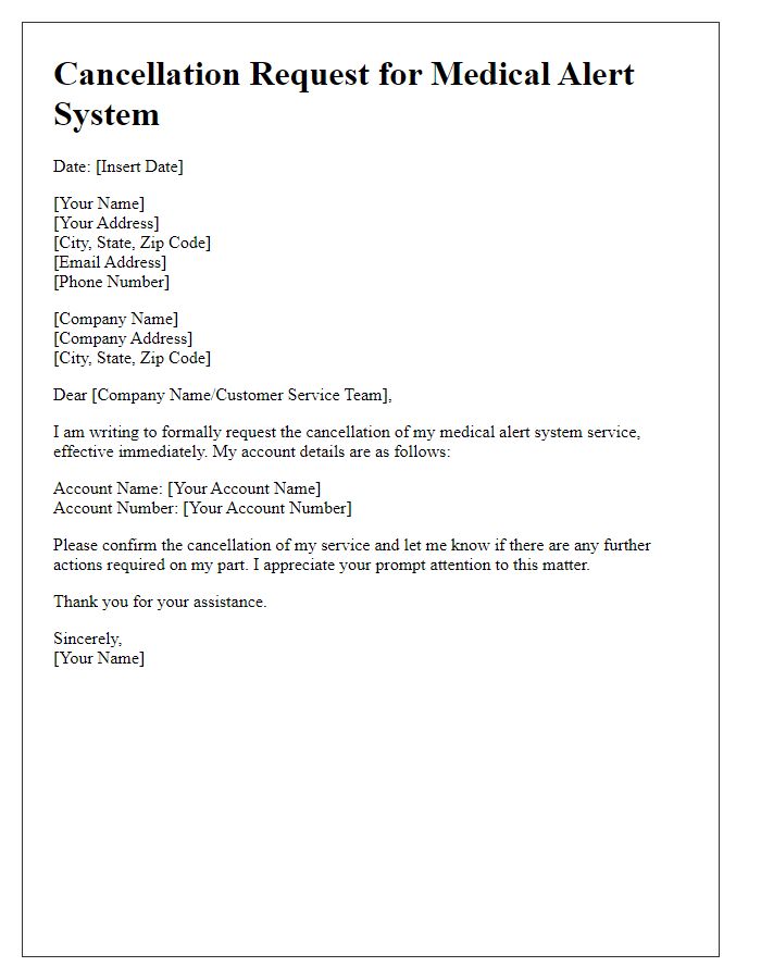 Letter template of medical alert system cancellation request