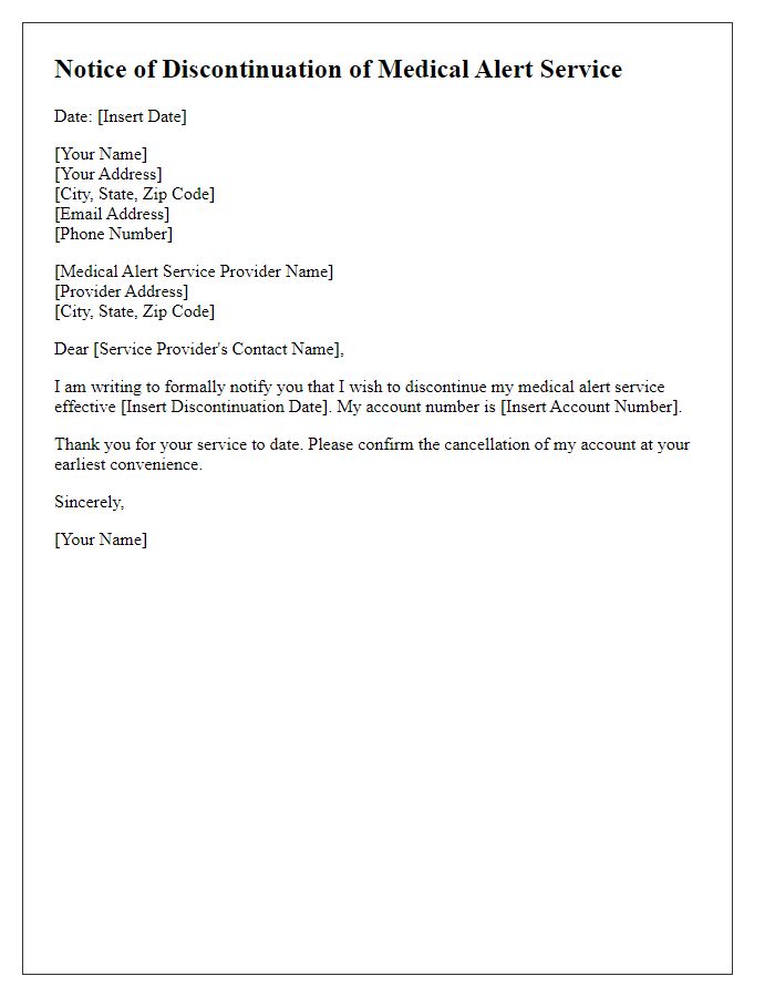 Letter template of notice for discontinuing medical alert service