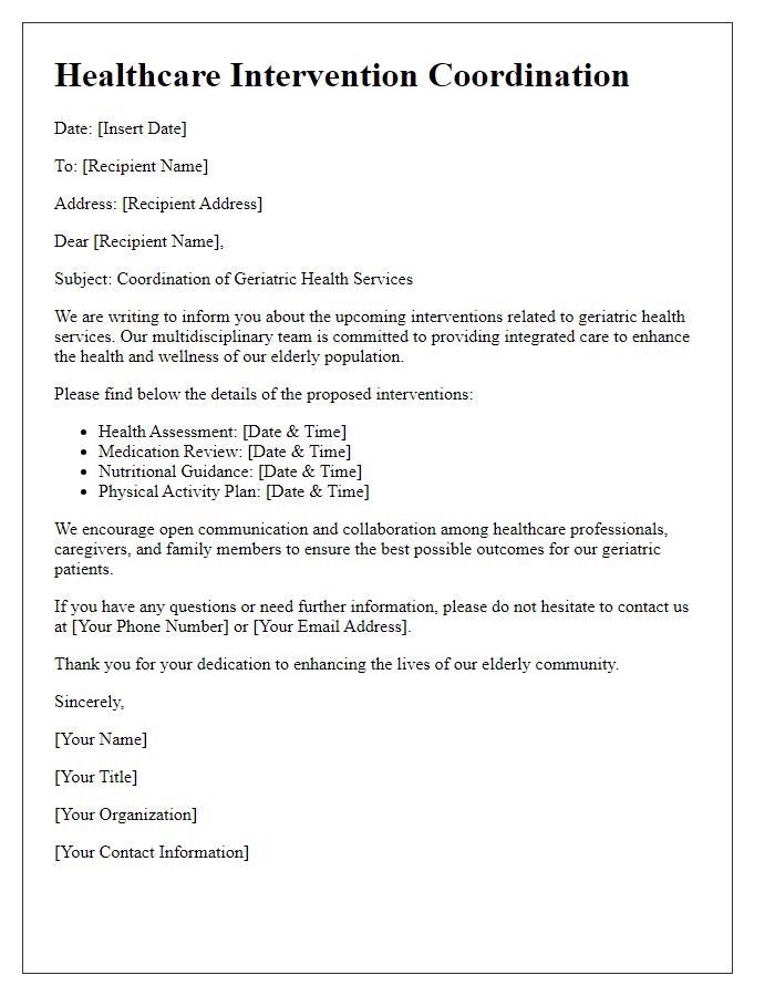 Letter template of healthcare intervention coordination for geriatric health services