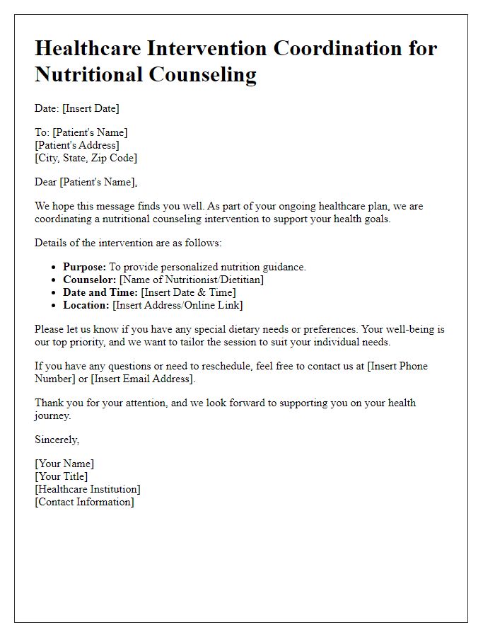 Letter template of healthcare intervention coordination for nutritional counseling