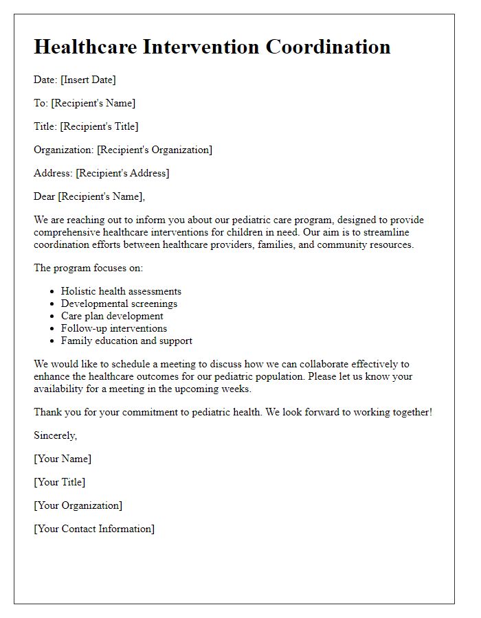 Letter template of healthcare intervention coordination for pediatric care programs