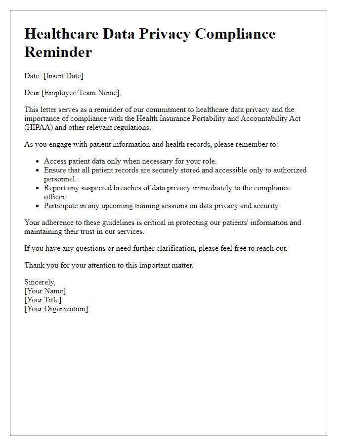 Letter template of healthcare data privacy compliance reminder