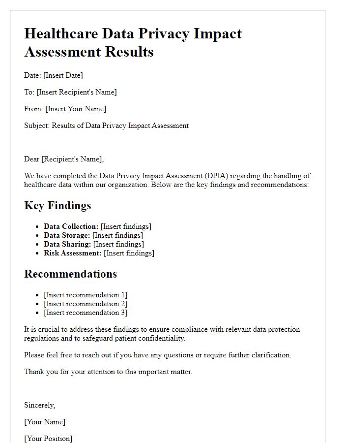 Letter template of healthcare data privacy impact assessment results