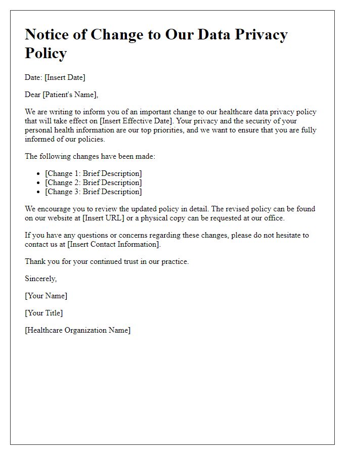 Letter template of healthcare data privacy policy change notification