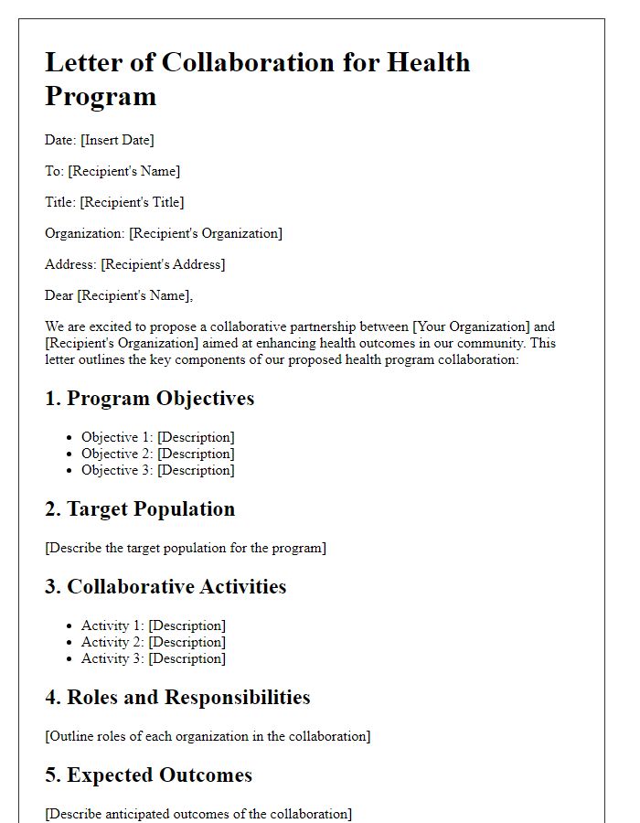 Letter template of health program collaboration outline