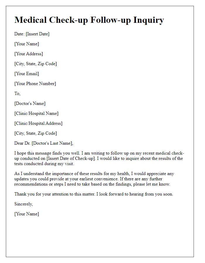 Letter template of medical check-up follow-up inquiry