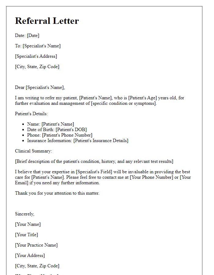 Letter template of medical check-up referral to specialist