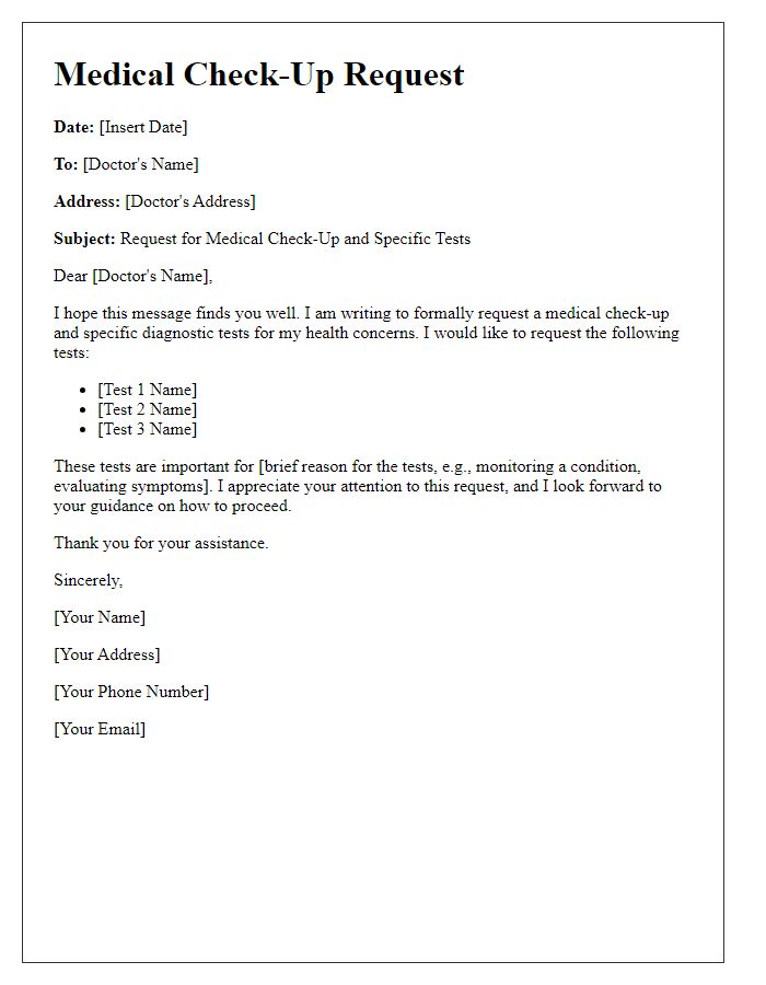 Letter template of medical check-up request for specific tests