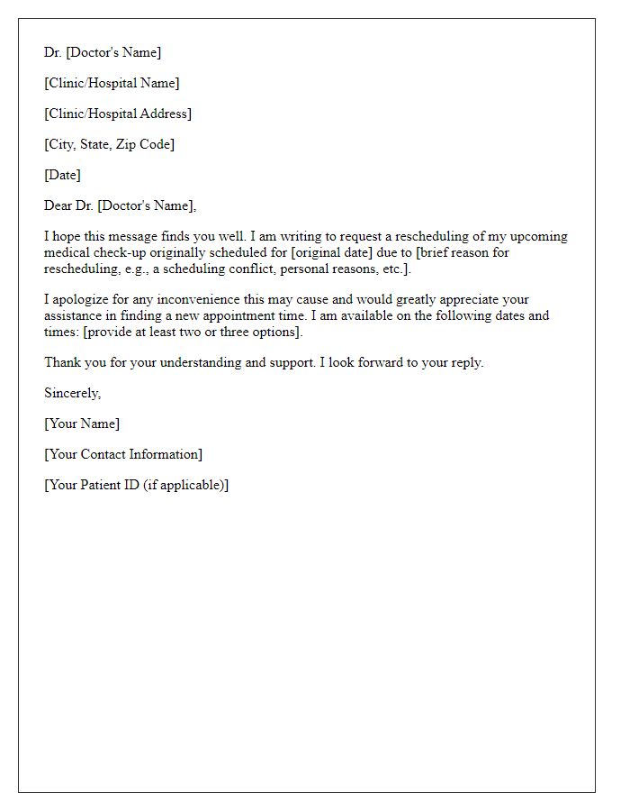 Letter template of medical check-up rescheduling request