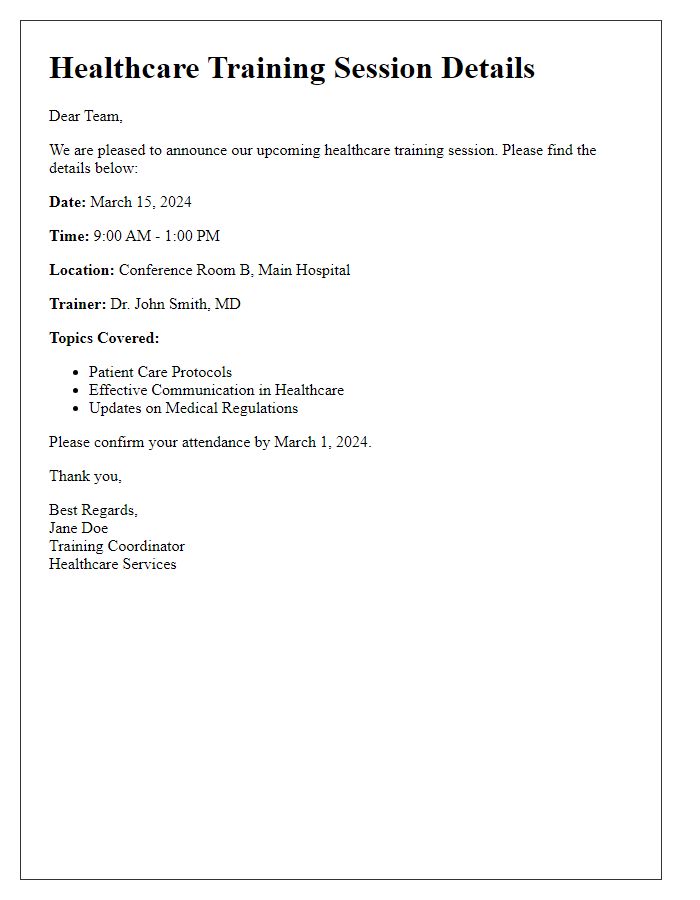 Letter template of healthcare training session details