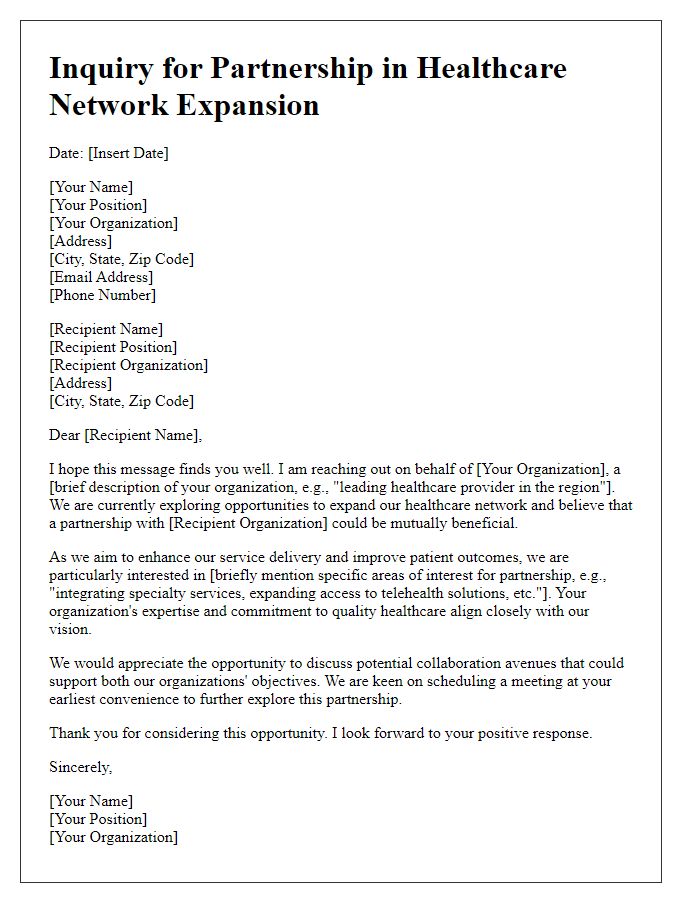 Letter template of inquiry for partnership in healthcare network expansion