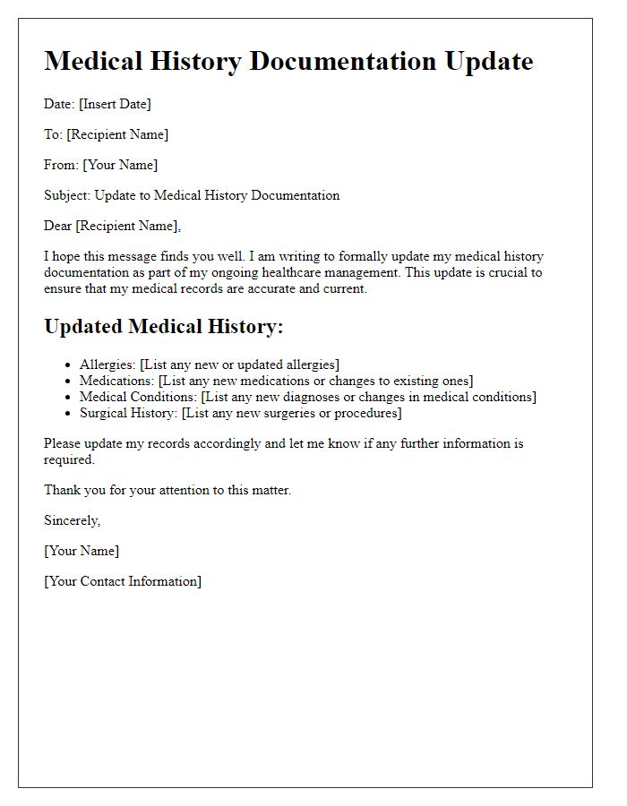 Letter template of medical history documentation update