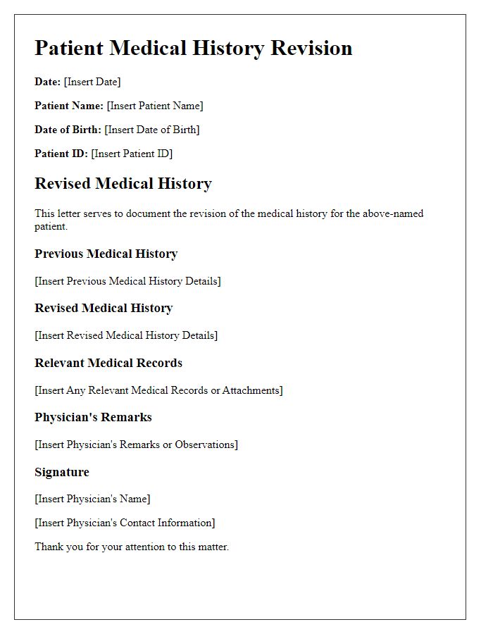 Letter template of patient medical history revision