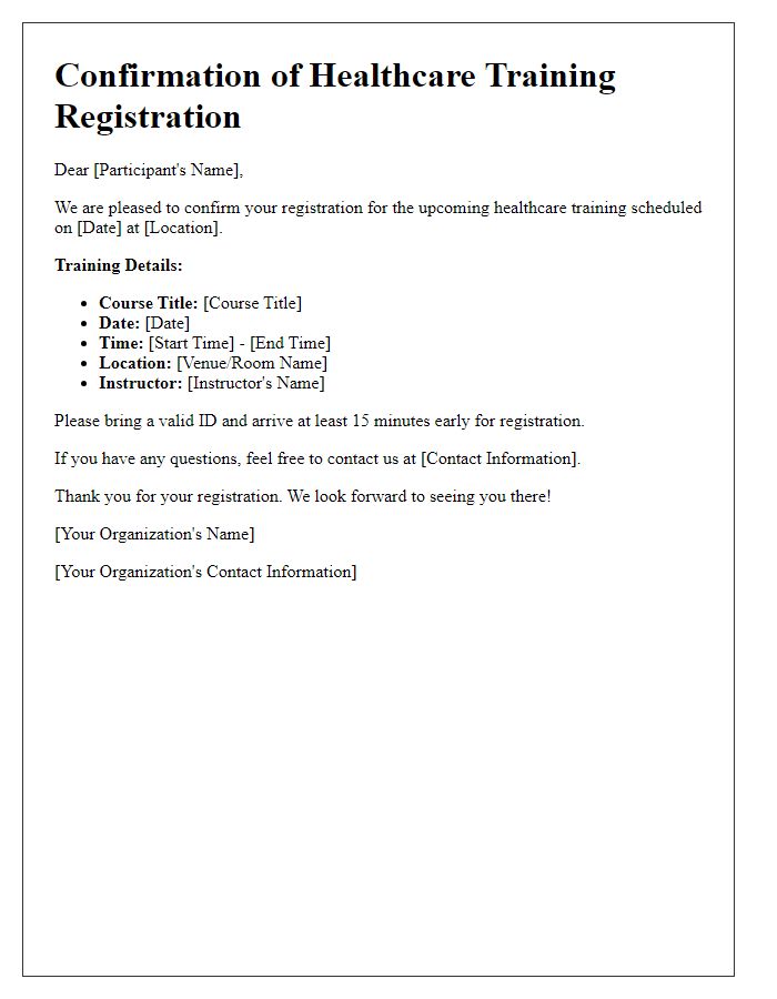 Letter template of confirmation for healthcare training registration