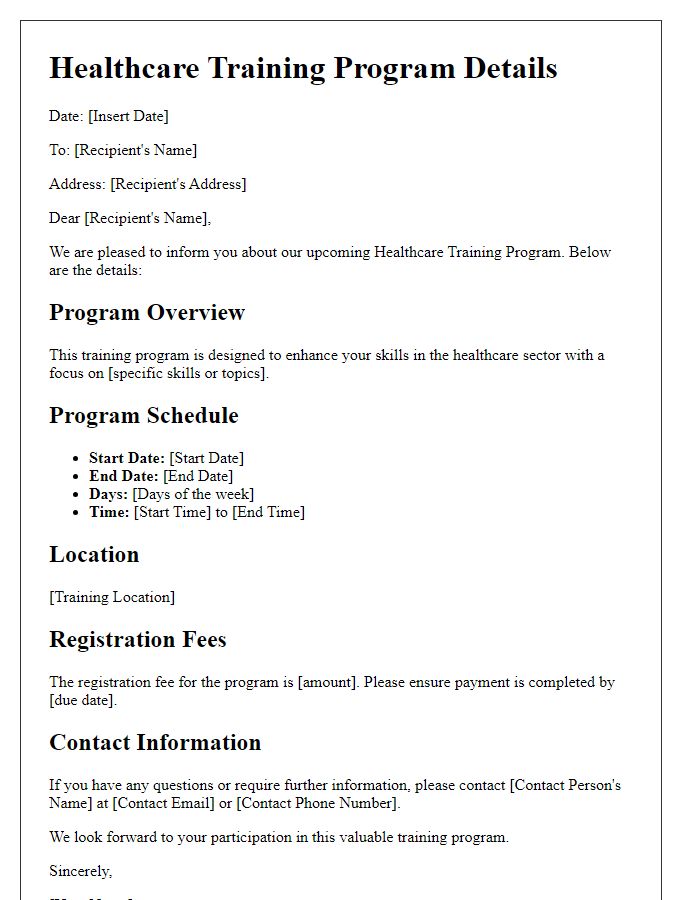 Letter template of details for healthcare training program