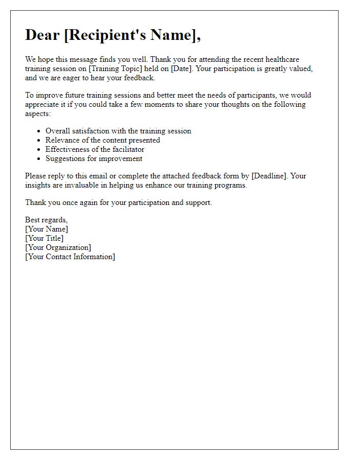 Letter template of feedback request following healthcare training session