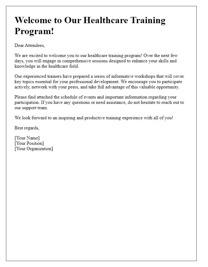 Letter template of welcome message for healthcare training attendees