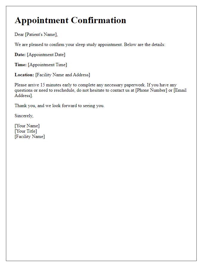 Letter template of patient sleep study appointment confirmation