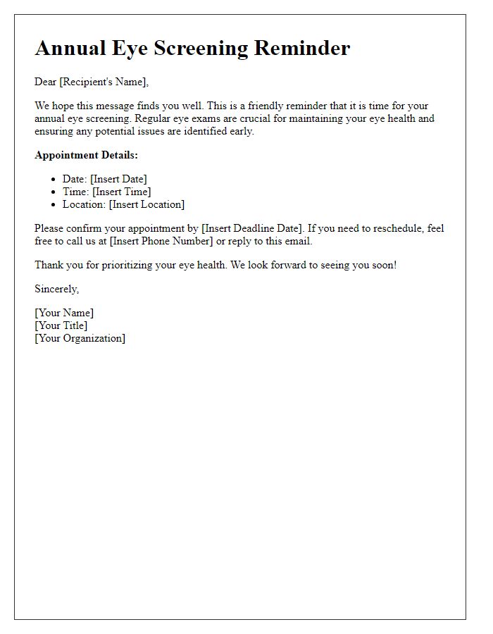 Letter template of annual eye screening reminder