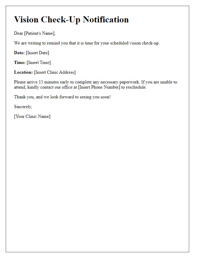 Letter template of vision check-up notification