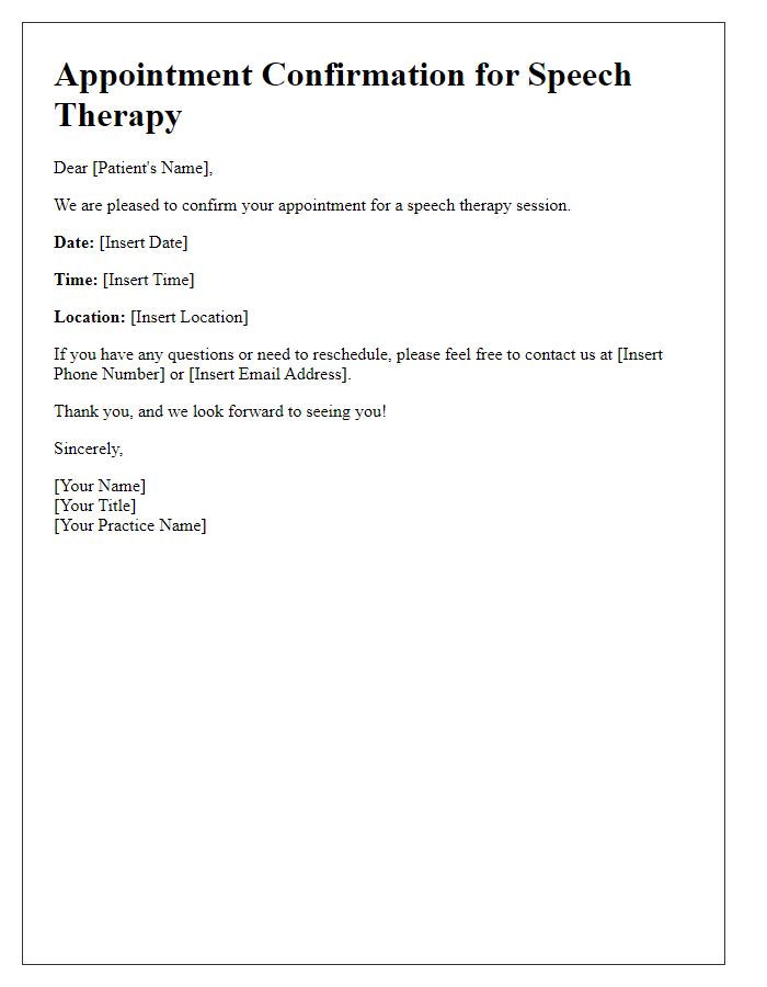 Letter template of appointment confirmation for speech therapy session.