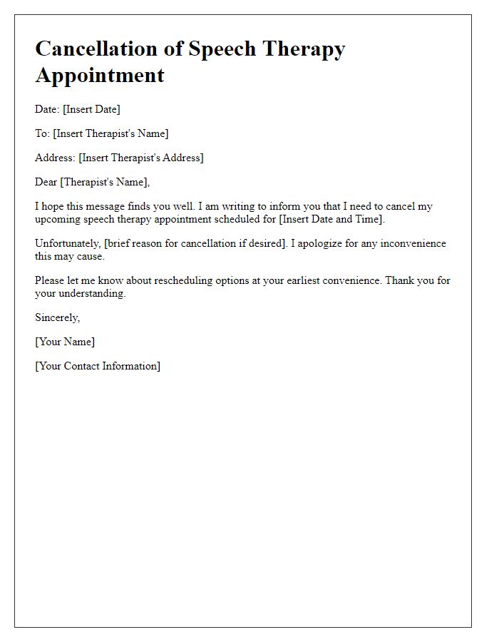 Letter template of cancellation for speech therapy appointment.