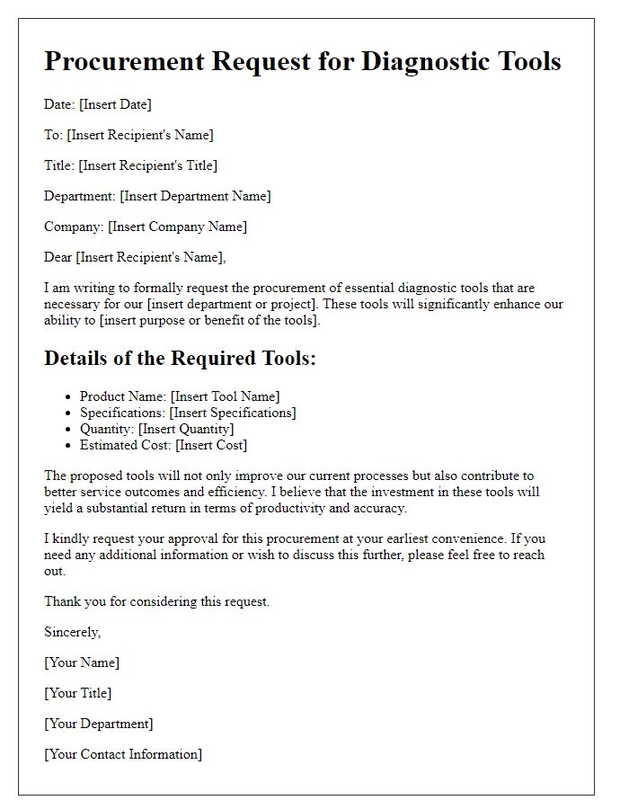 Letter template of diagnostic tools procurement request