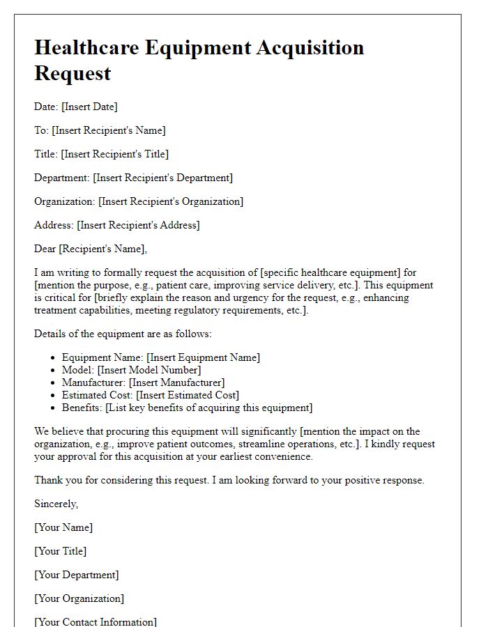 Letter template of healthcare equipment acquisition request