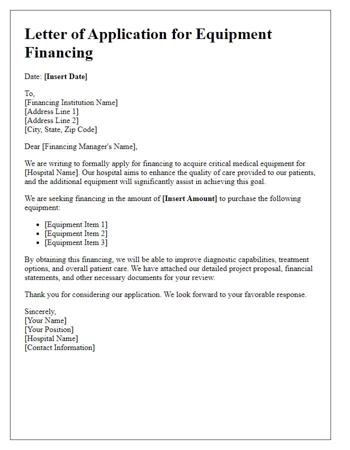 Letter template of hospital equipment financing application