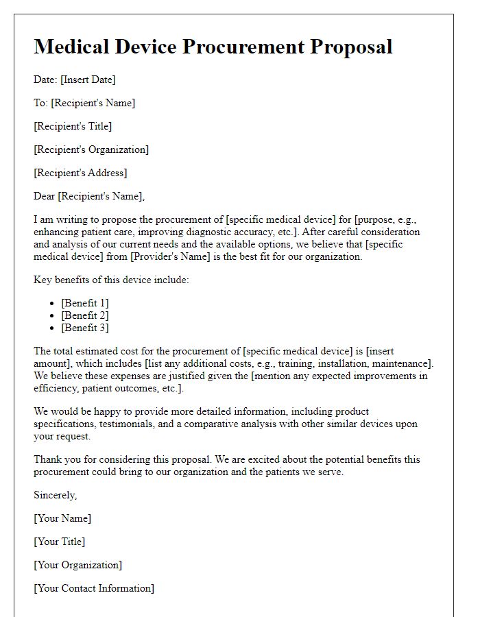 Letter template of medical device procurement proposal