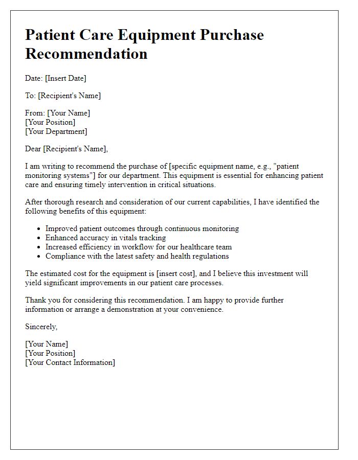 Letter template of patient care equipment purchase recommendation