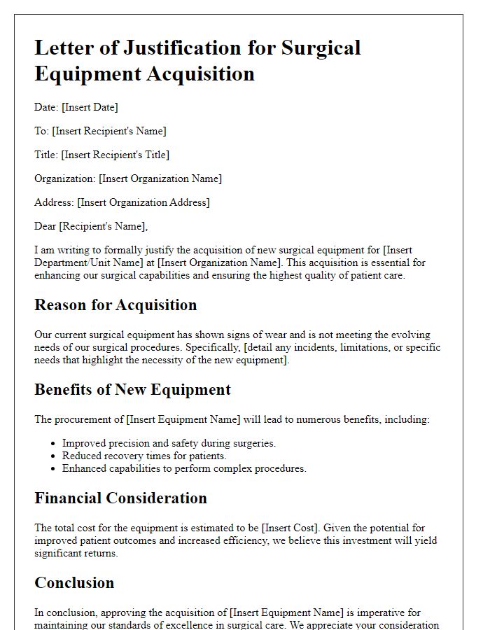 Letter template of surgical equipment acquisition justification