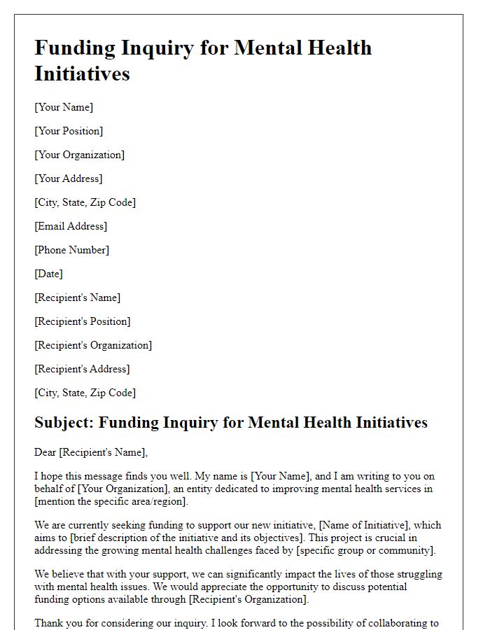 Letter template of funding inquiry for mental health initiatives.