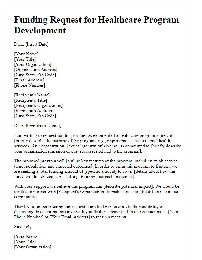 Letter template of funding request for healthcare program development.