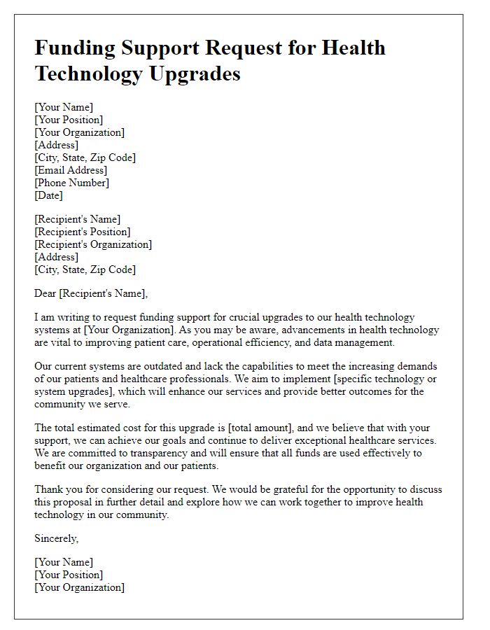 Letter template of funding support request for health technology upgrades.