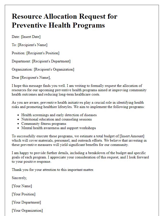 Letter template of resource allocation request for preventive health programs.