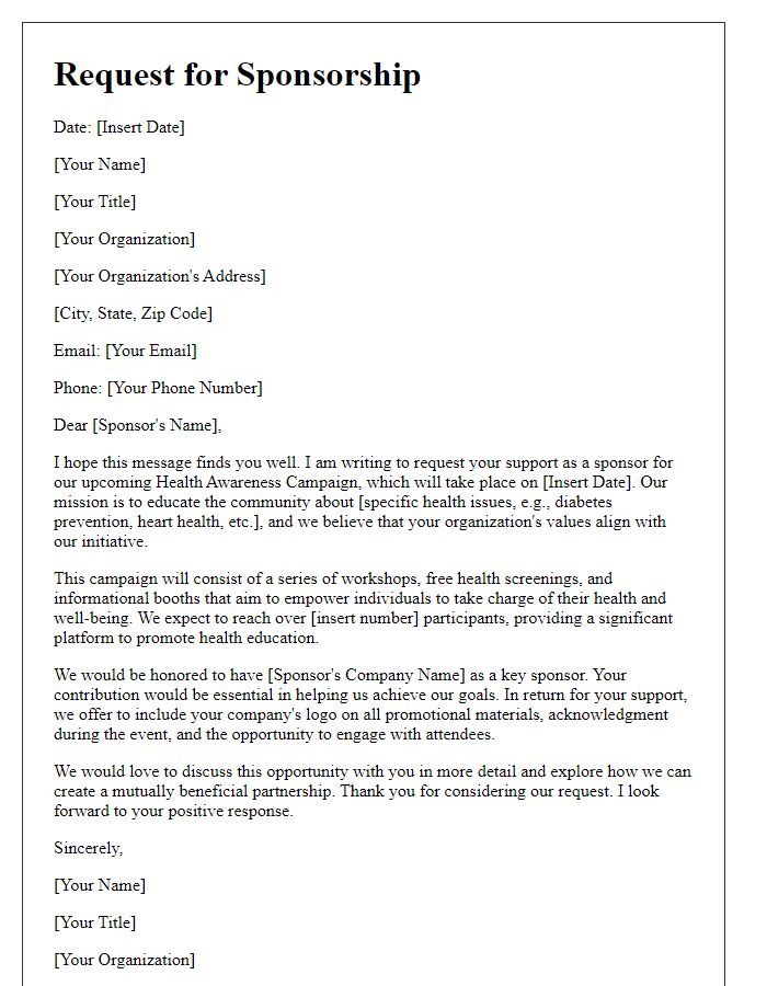 Letter template of sponsorship request for health awareness campaigns.