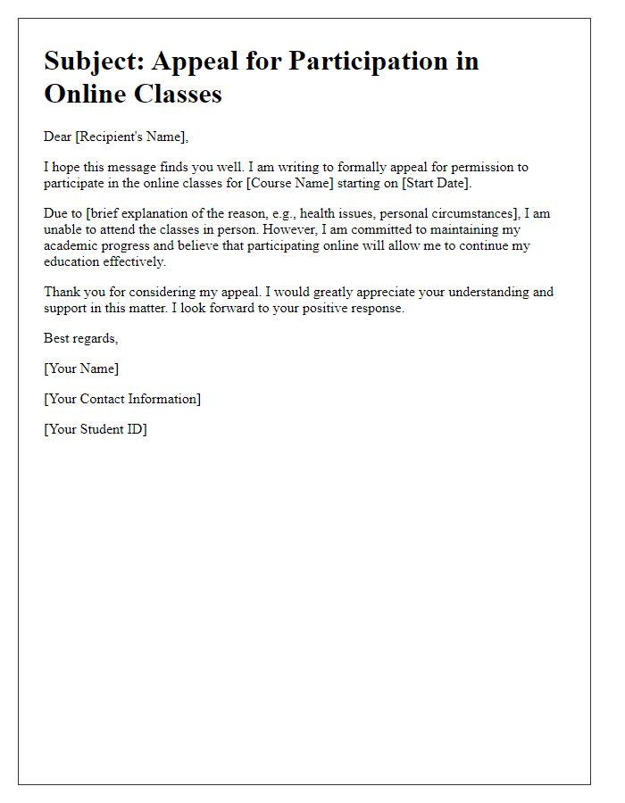 Letter template of appeal for participation in online classes.