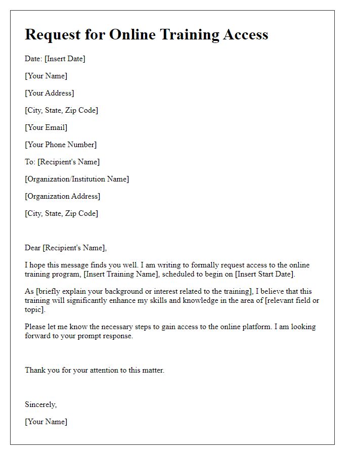 Letter template of correspondence for online training access.