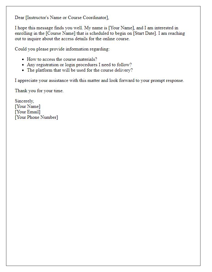 Letter template of inquiry regarding online course access.