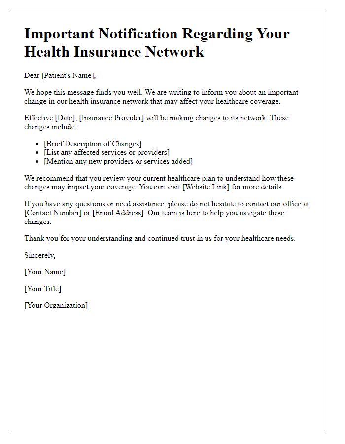 Letter template of health insurance network changes for patients