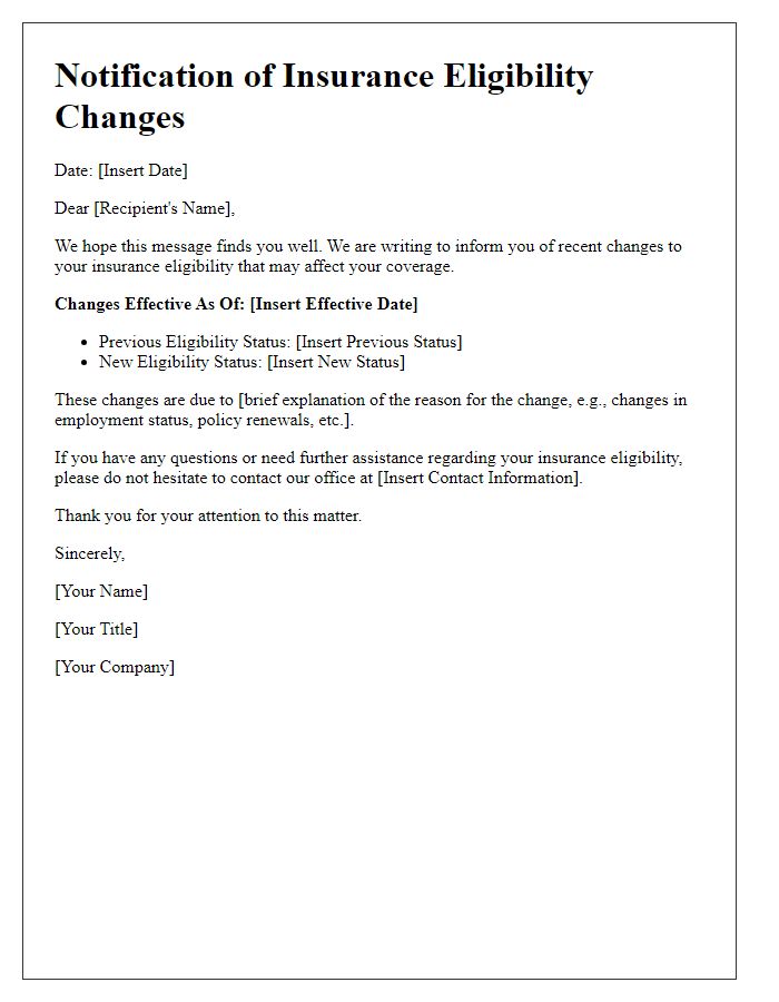 Letter template of insurance eligibility changes information