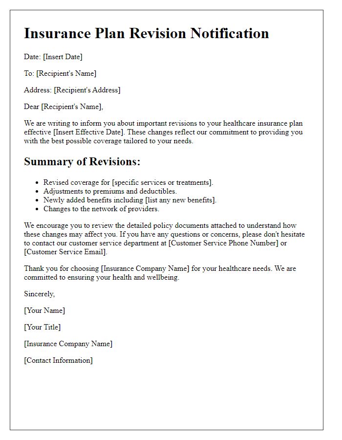 Letter template of insurance plan revisions for healthcare services