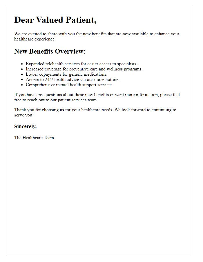 Letter template of new benefits overview for patients